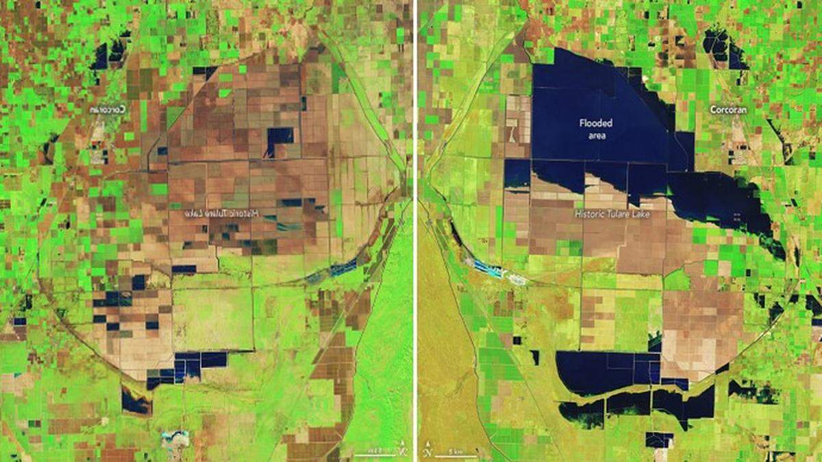 Tulare Lake as seen from an earth-orbiting satellite on Feb. 1, 2023, left, and on April 30, 2023, showing the increased flooding of the formerly dry lakebed from winter storms and spring snowmelt in the southern Sierra Nevada range.
