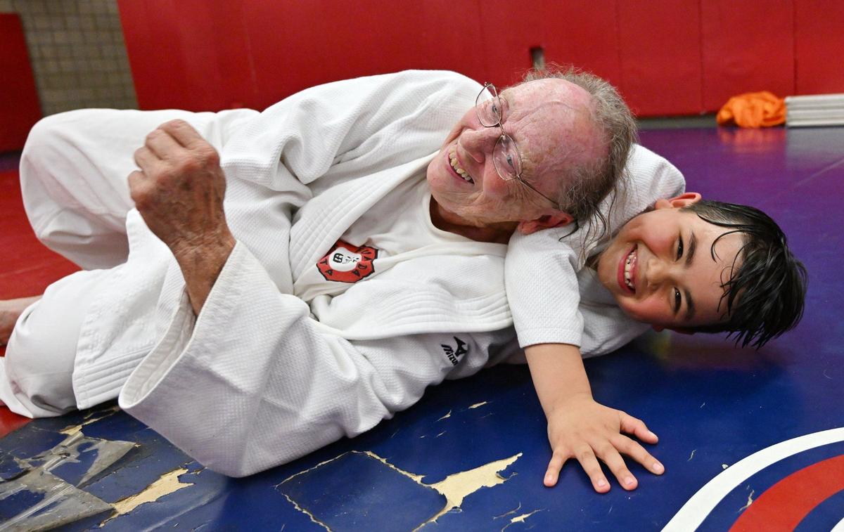 Eighty-three year old Myra Kirk-Goode is pitted against a Rhett Delsid, 8, during her judo class Wednesday, April 17, 2024 in Clovis. Myra is a 7th degree black belt.