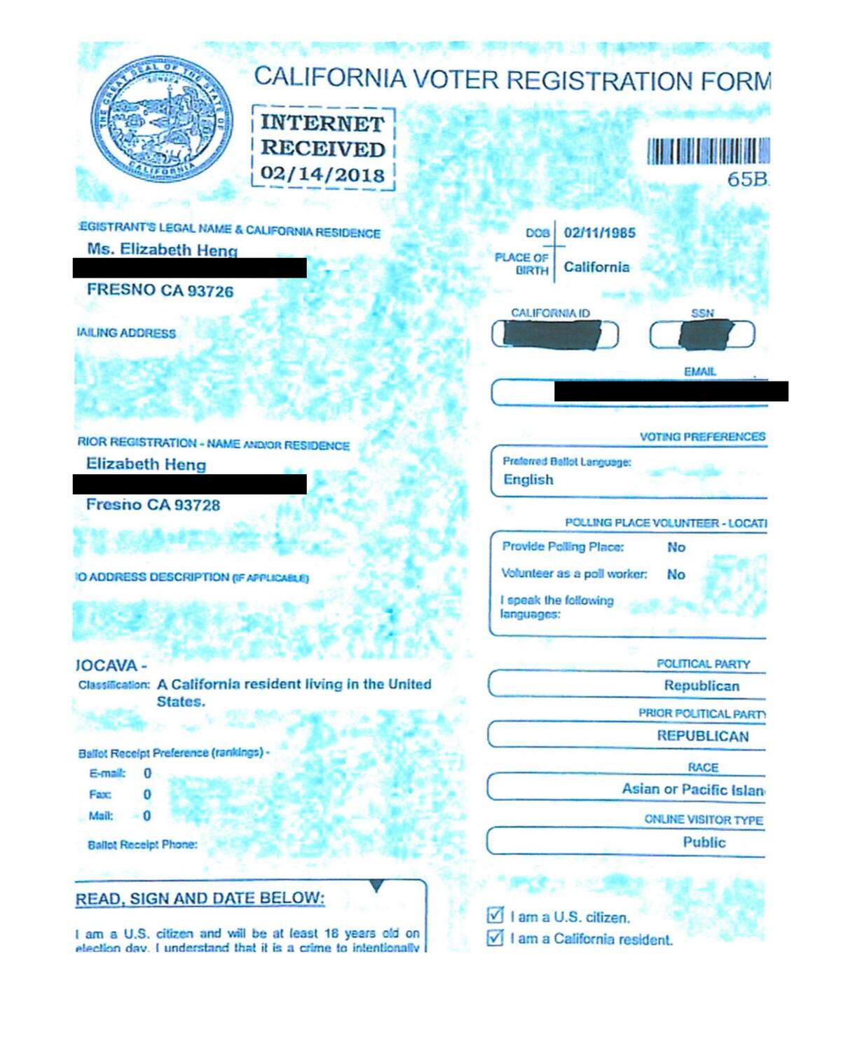 A copy of Elizabeth Heng’s California voter registration form.