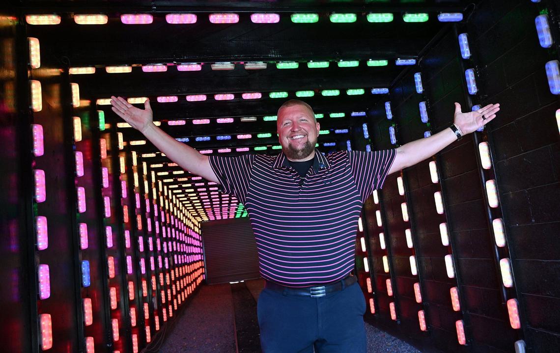 Davey Helm, CEO of Helm & Sons Amusements shows off the new train tunnel as workers at Playland Fresno in Roeding Park prepare for this weekend’s Summer Jam 2024. Photographed Thursday morning, June 20, 2024 in Fresno.