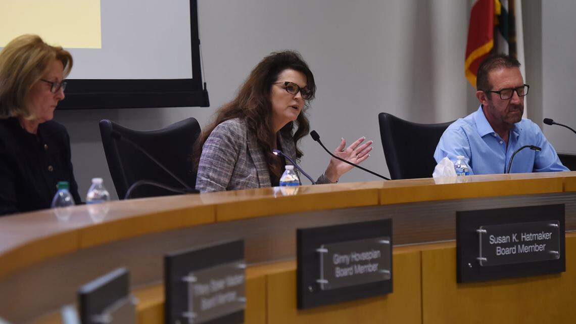 Clovis Unified school board Trustee Susan Hatmaker, center, resigned Tuesday, citing a “necessary move of my residence outside of the northwest Fresno area that I have proudly represented since 2018,” the district announced in a joint statement. (Bee file photo)