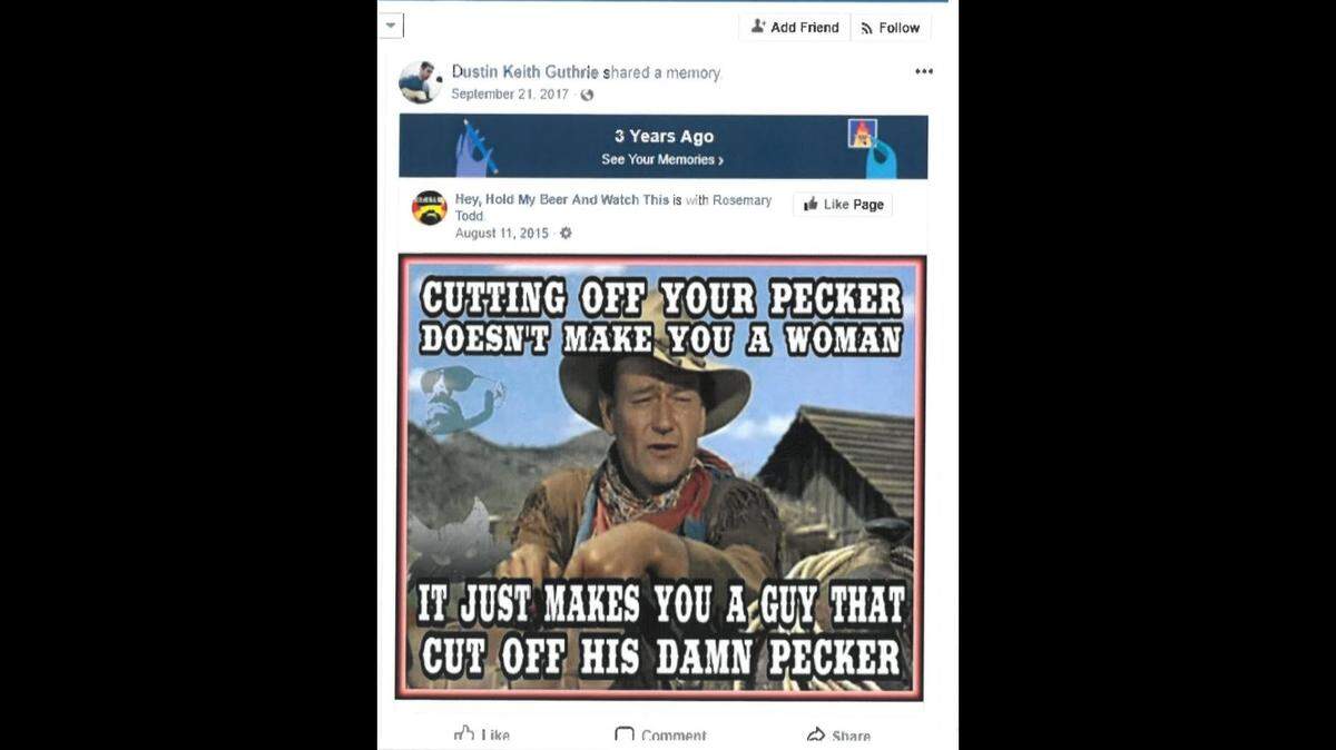 A post from the Facebook account of Dustin Guthrie. A former Fresno Starbucks employee who worked under Guthrie is suing the coffee chain claiming harassment and discrimination after she began the process to transition from male to female.