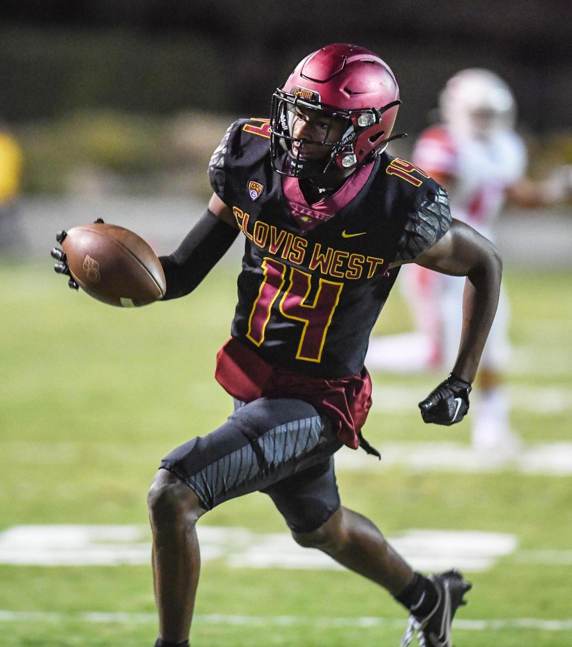 Clovis West’s Landon Wright cruises into the end zone for a touchdown against Buchanan during their game at Lamonica Stadium in Clovis on Friday, Sept. 30, 2022.