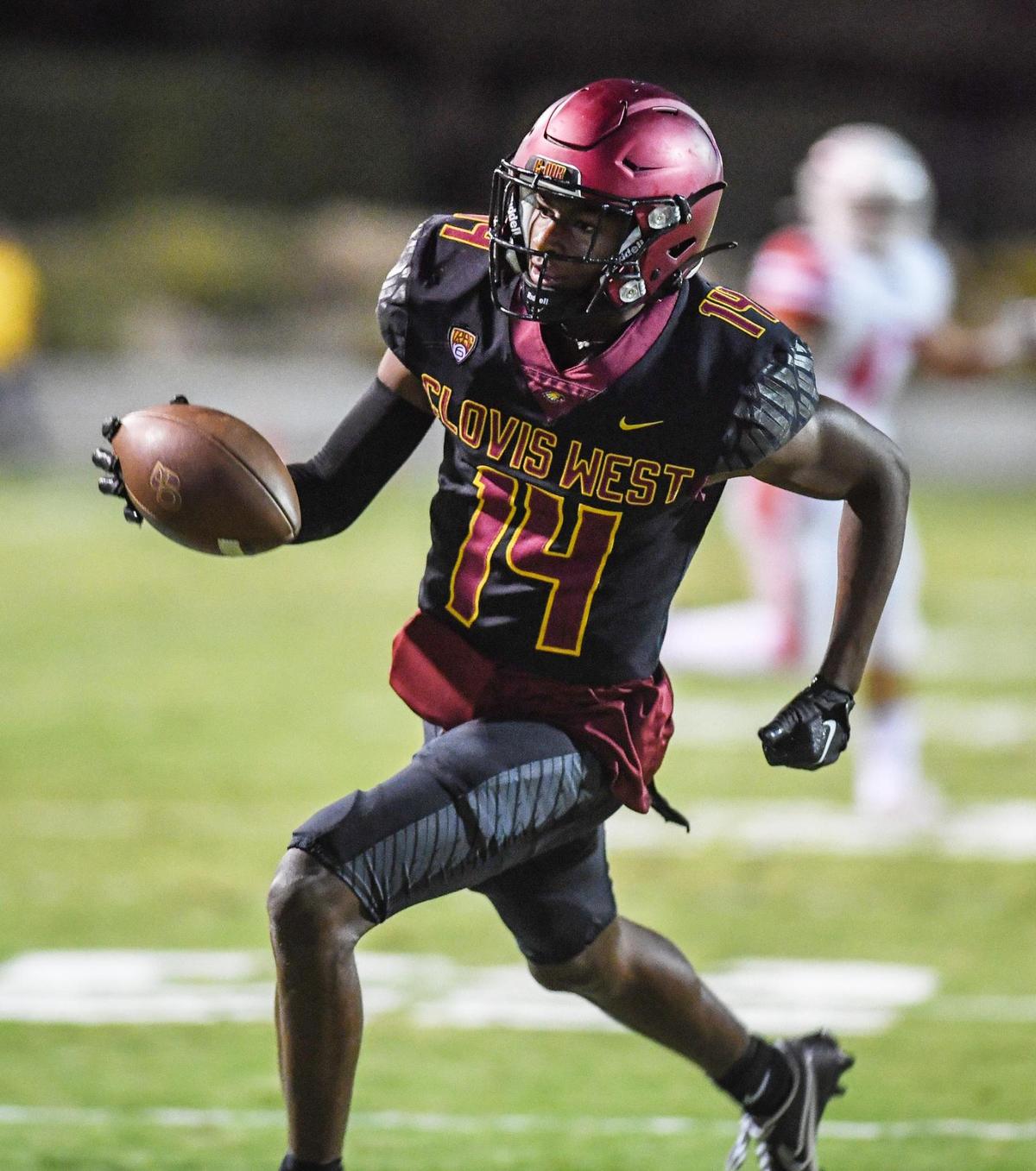 Clovis West’s Landon Wright cruises into the end zone for a touch down against Buchanan during their game at Lamonica Stadium in Clovis on Friday, Sept. 30, 2022.
