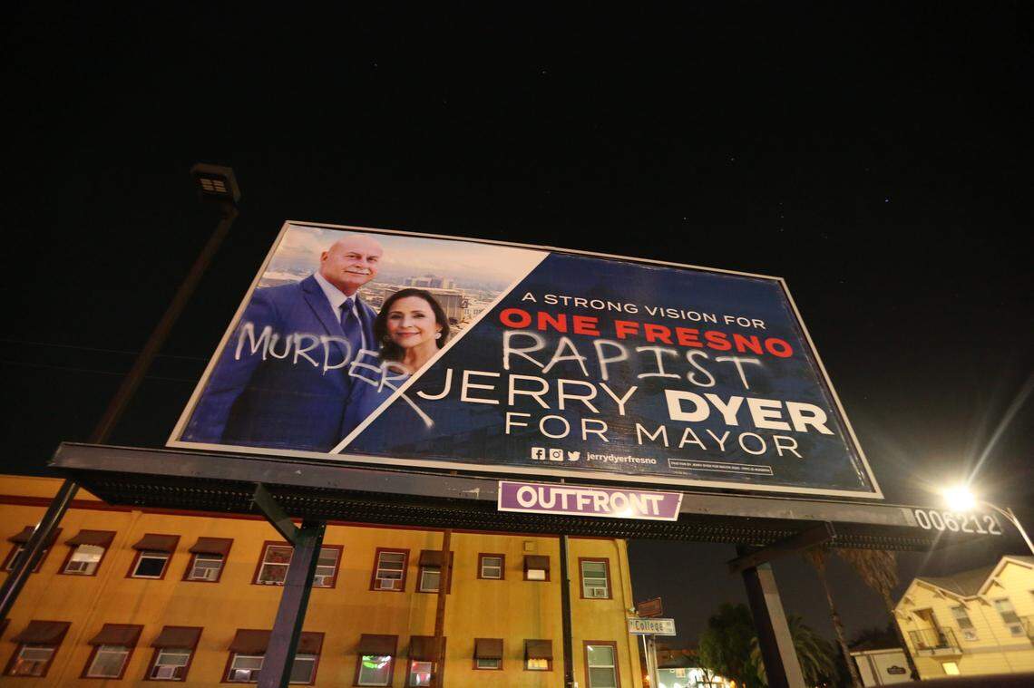 Mayoral candidate Jerry Dyer’s billboard on Divisadero Street near Van Ness Avenue was vandalized some time Monday, Nov. 25, 2019, night with words “rapist” and “murder” scrawled in white paint. It had been cleaned by Tuesday morning.
