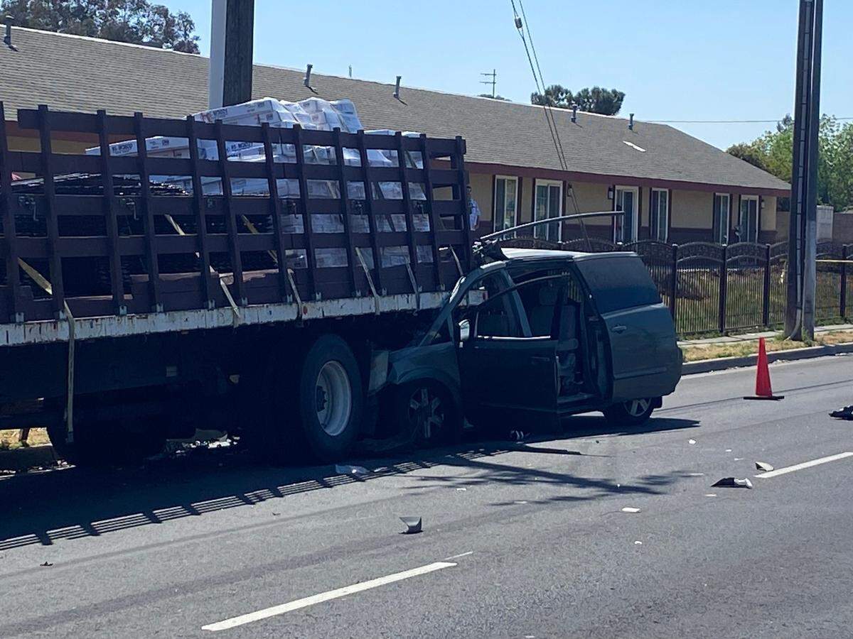 A man was killed when the minivan he was driving slammed into a parked work truck, police said Friday, April 28, 2023.