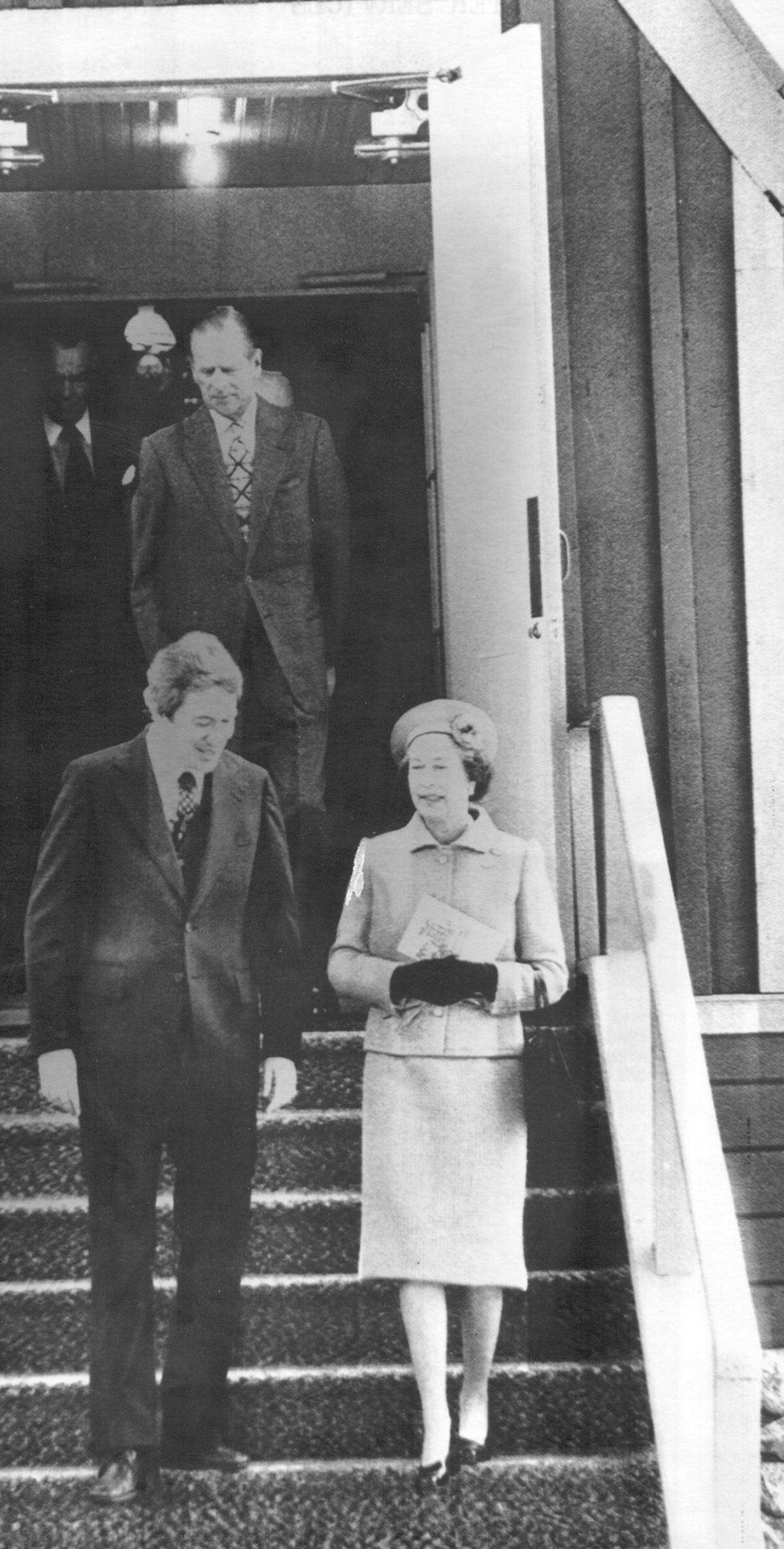 Queen Elizabeth II leaves the chapel with the Rev. John C. Davis after services during her 1983 visit to Yosemite National Park.
