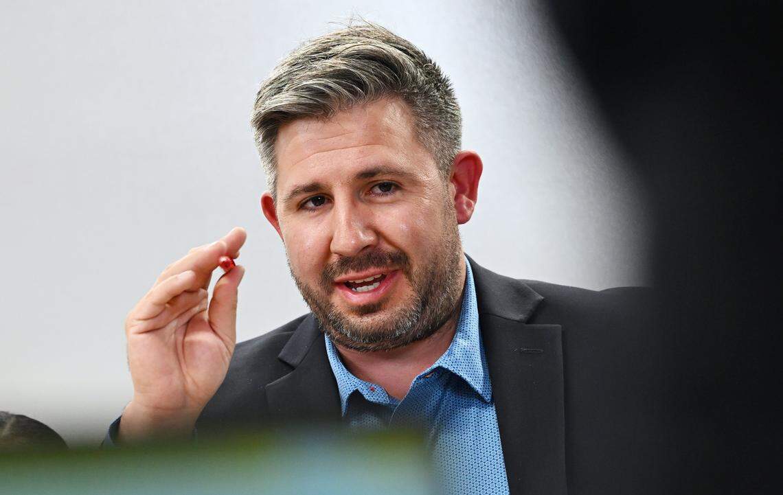 District 3 candidate Charles Montoya answers a question posed during a Fresno City Council forum held by The Fresno Bee Friday, April 17, 2026 in downtown Fresno