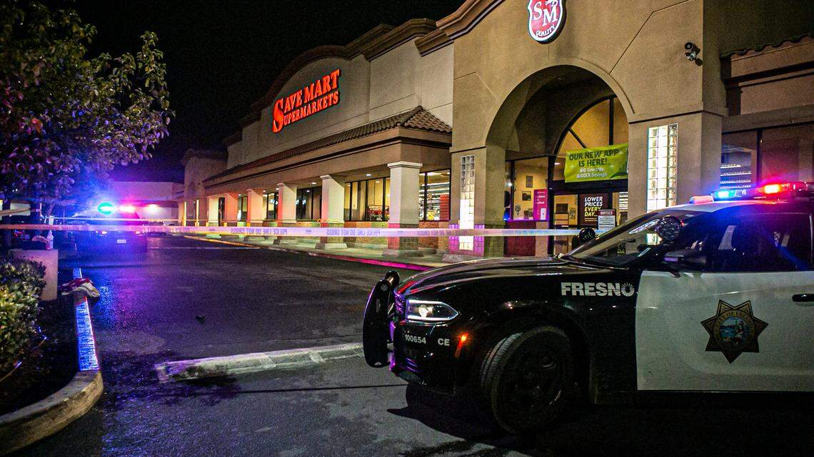 Police tape off entrance to Save Mart Supermarket after an employee received major injuries attempting to stop two thieves on Friday, Jan. 7, 2022.