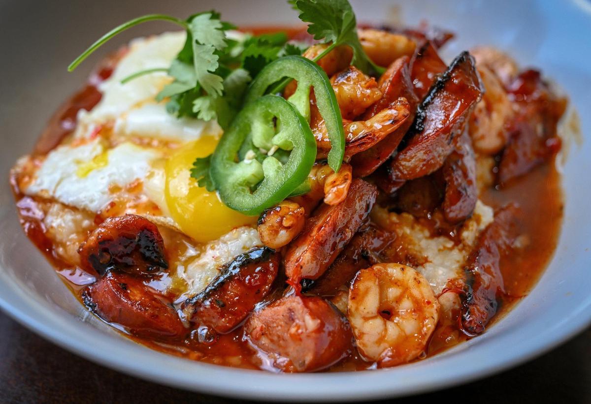 The shrimp & grits breakfast at Branch Breakfast Co. is a favorite of owner Stephanie Cardoza and features sweet chili shrimp, linguica, eggs, ginger, jalapeño, cilantro and gouda grits.