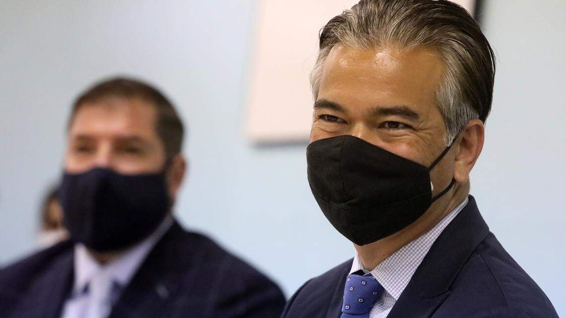 California Attorney General Rob Bonta, right, held a listening session with farmworker advocates at the Paaras Youth Center in northwest Fresno on Oct. 27, 2021. He sought to find out about agricultural work conditions and ways to improve on them. Bonta was joined by Assembly Member Dr. Joaquin Arambula, D-Fresno, left.