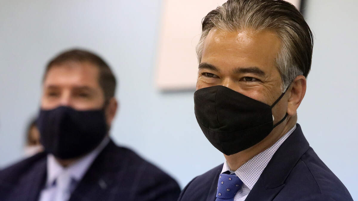 California Attorney General Rob Bonta, right, held a listening session with farmworker advocates at the Paaras Youth Center in northwest Fresno on Oct. 27, 2021. He sought to find out about agricultural work conditions and ways to improve on them. Bonta was joined by Assembly Member Dr. Joaquin Arambula, D-Fresno, left.