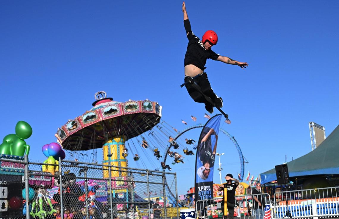 The Pogo Stunt Team performs at the 2022 Big Fresno Fair on its opening day Wednesday, Oct. 5, 2022 in Fresno. The Fair returns October 5-16 with food, entertainment, exhibits and the Midway rides and games.