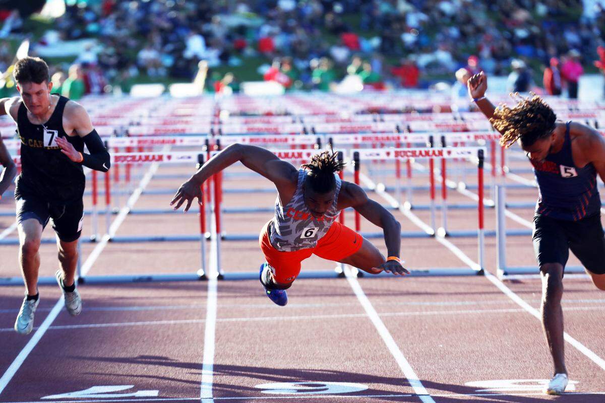 Central High senior Noel Felix tripped after his lean at the finish of the boys 110-meter high hurdles at the 2024 CIF State Track and Field Championships at Buchanan High (Clovis) on May 25, 2024. He finished second in 13.77.