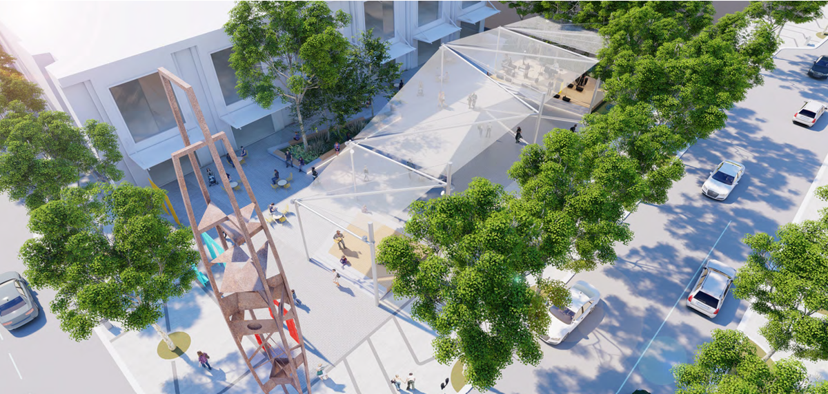 The schematic design for the Mariposa Plaza revitalization project shows what downtown’s cultural events center would look like when construction is completed.