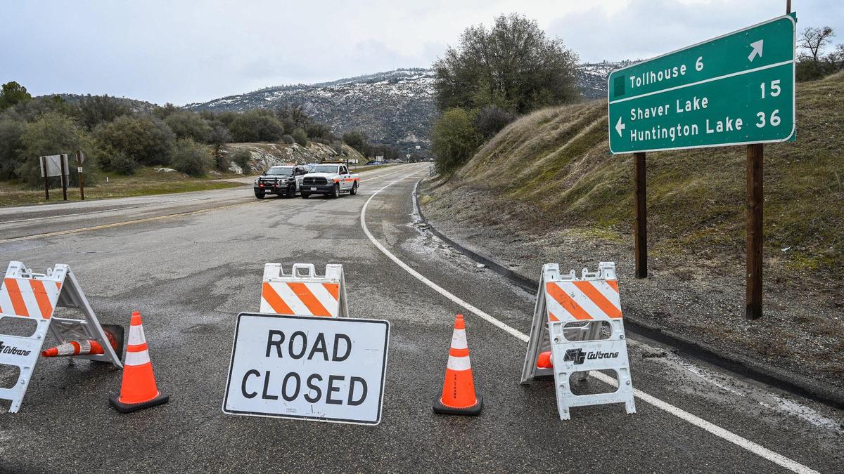 Caltrans and CHP have the road closed at Highway 168 and Lodge Road at the bottom of the four lane following heavy snow along the foothills route to Shaver Lake on Monday, Feb. 27, 2023.