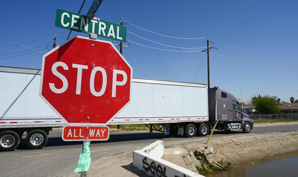 A truck passes through the intersection of Central and Cherry avenues near Orange Center Elementary School in Malaga on Thursday, April 6, 2023. A lawsuit by residents of Calwa and Malaga in south central Fresno alleges that environmental impacts for a $140 million interchange project on Highway 99 will be harmful for residents.
