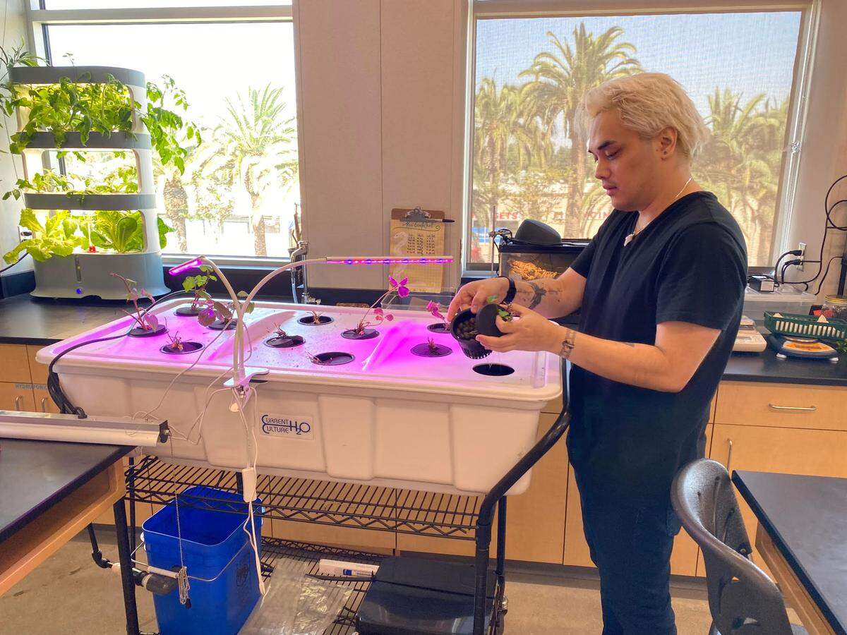 Biology teacher Jadrian Ejercito has been teaching students about hydroponics at the Farber Educational Campus in southeast Fresno, California.