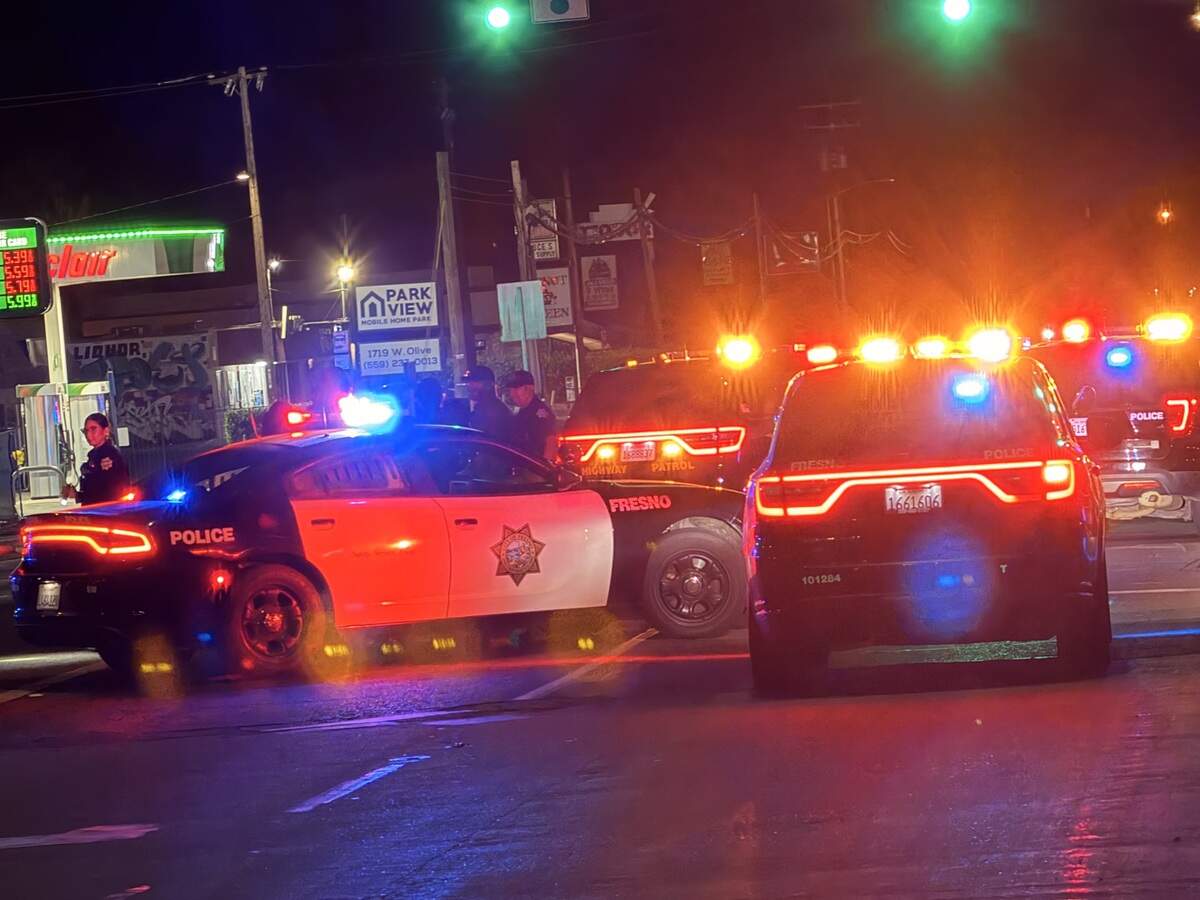 Officers investigate a crash involving a pedestrian and a vehicle in Fresno on Wednesday, July 1, 2026.