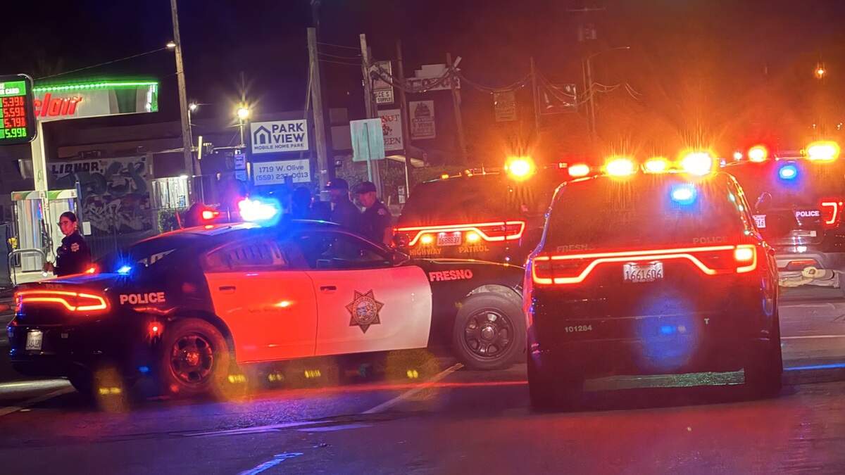 Officers investigate a crash involving a pedestrian and a vehicle in Fresno on Wednesday, July 1, 2026.