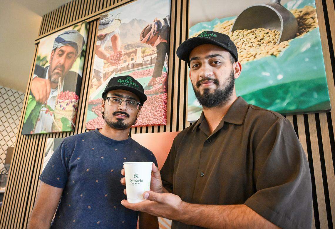 Shehab Zamzami, left, and Nagi Alazani recently opened Qamaria Yemeni Coffee Co. in the Marketplace at El Paseo in northwest Fresno. They offer traditional Yemeni coffee styles as well as more common American coffee drinks. 
