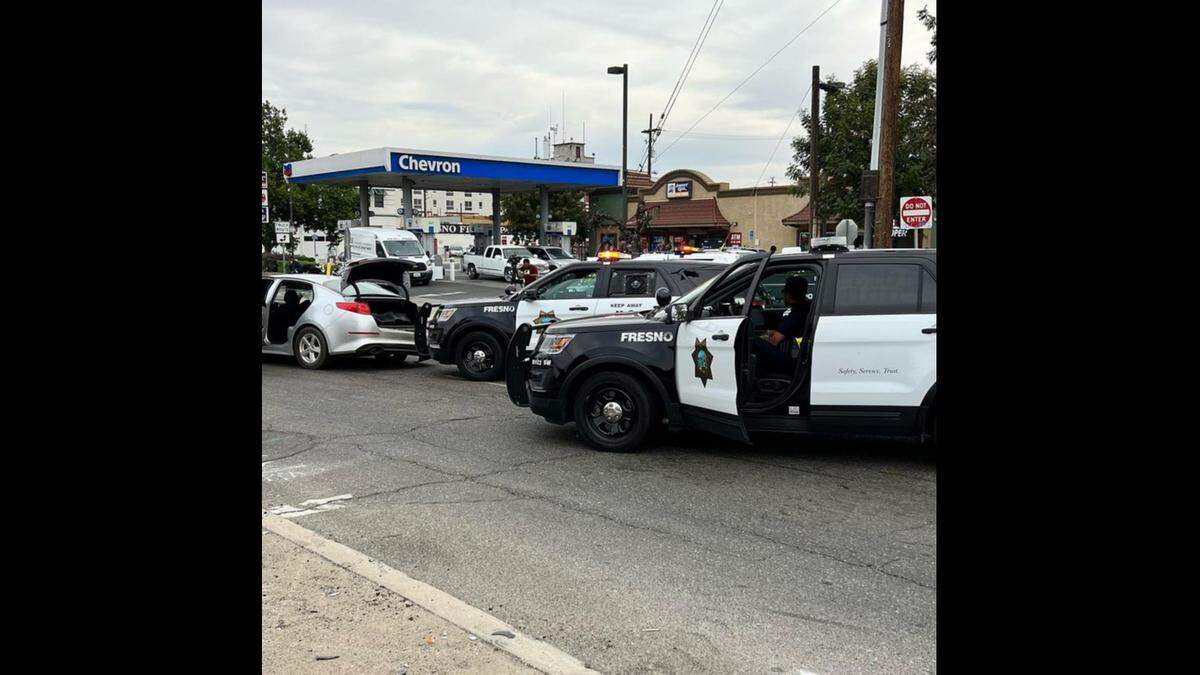 The gray Kia allegedly used in an armed robbery came to rest on Fresno Street after crashing on Monday, Oct. 31, 2022, police said.