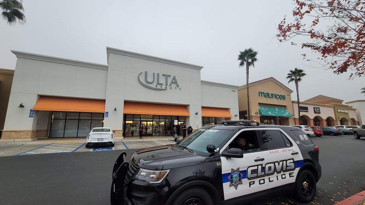Police investigate a theft Sunday, Dec. 5, 2021, at Ulta Beauty in Clovis, California. A man and woman stuffed more than $2,000 worth of merchandise into bags before getting away, Clovis police said.