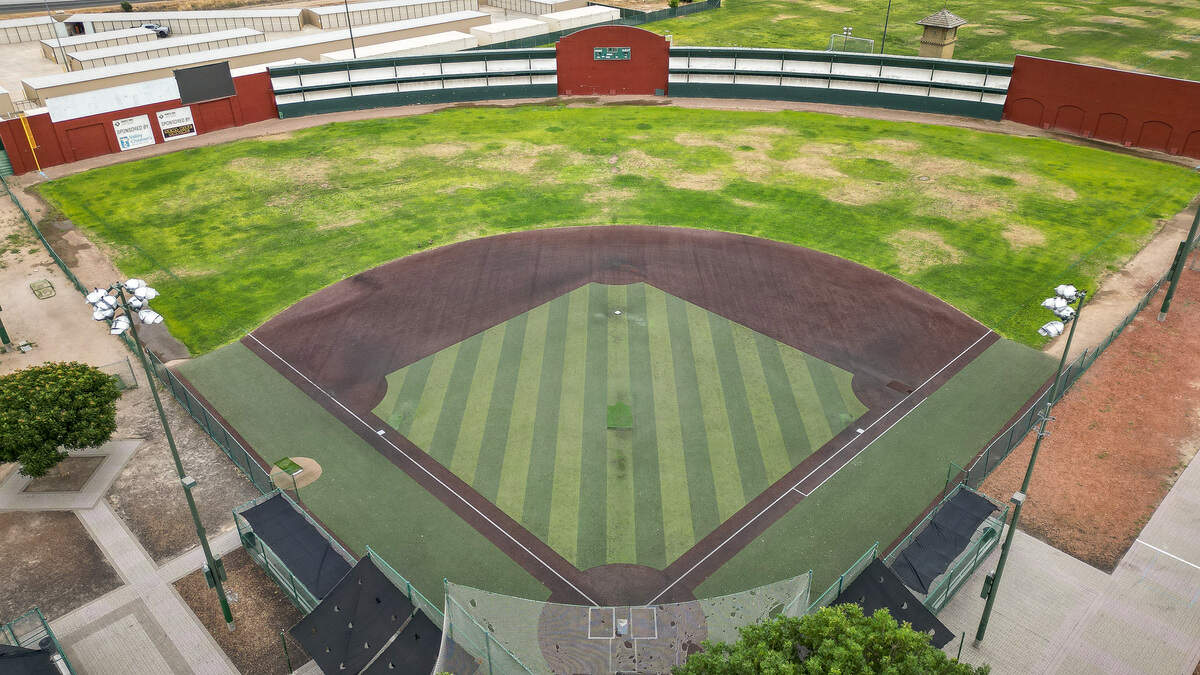 One of the baseball diamonds is shown in a drone image above the Granite Park sports complex in Fresno on Tuesday, May 26, 2026.