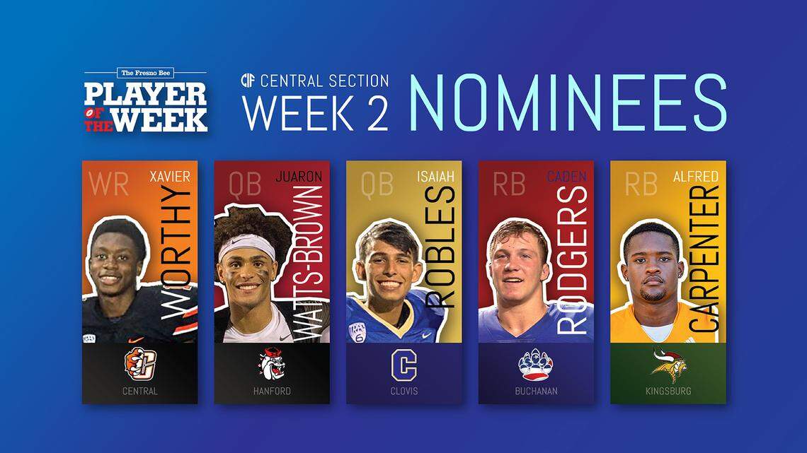Here are the nominees for The Bee’s Player of the Week for Week 2, from left Xavier Worthy of Central, Juaron Watts-Brown of Hanford, Isaiah Robles of Clovis, Caden Rodgers of Buchanan and Alfred Carpenter of Kingsburg.
