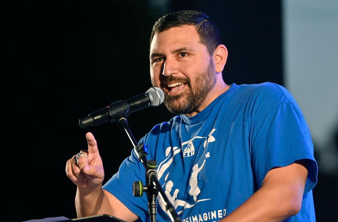 Fresno Teachers Association President Manuel Bonilla addresses over 3,000 members meeting to vote for strike authorization at the Paul Paul Theater Wednesday evening, Oct. 18, 2023 in Fresno.