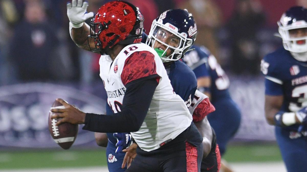 Fresno State defensive end David Perales pressures San Diego State quarterback Jalen Mayden, Saturday, Oct. 29, 2022 in Fresno.