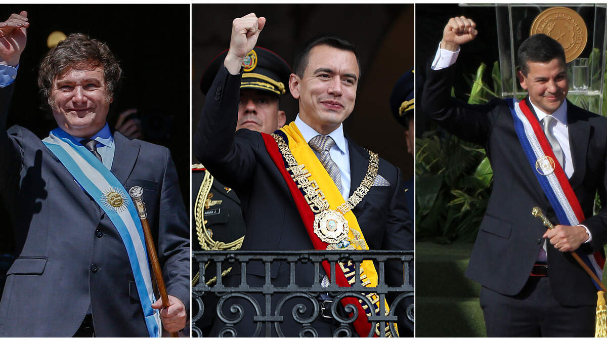 Combo de tres fotografías de archivo de los presidentes de Argentina, Javier Milei (i), de Ecuador, Daniel Noboa (c) y de Paraguay, Santiago Peña. En América Latina no está ganando la derecha, como podría deducirse de las victorias este año de Javier Milei en Argentina, Daniel Noboa en Ecuador y Santiago Peña en Paraguay.