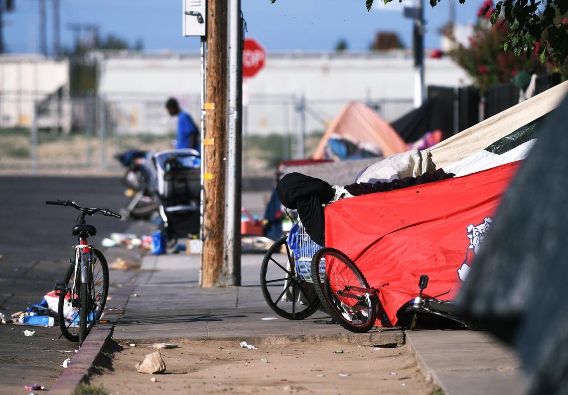 Homeless shelters constructed on the sidewalk along Santa Clara St, adjacent to the Village of Hope shelters at Poverello House Friday, July 5, 2019 in Fresno.