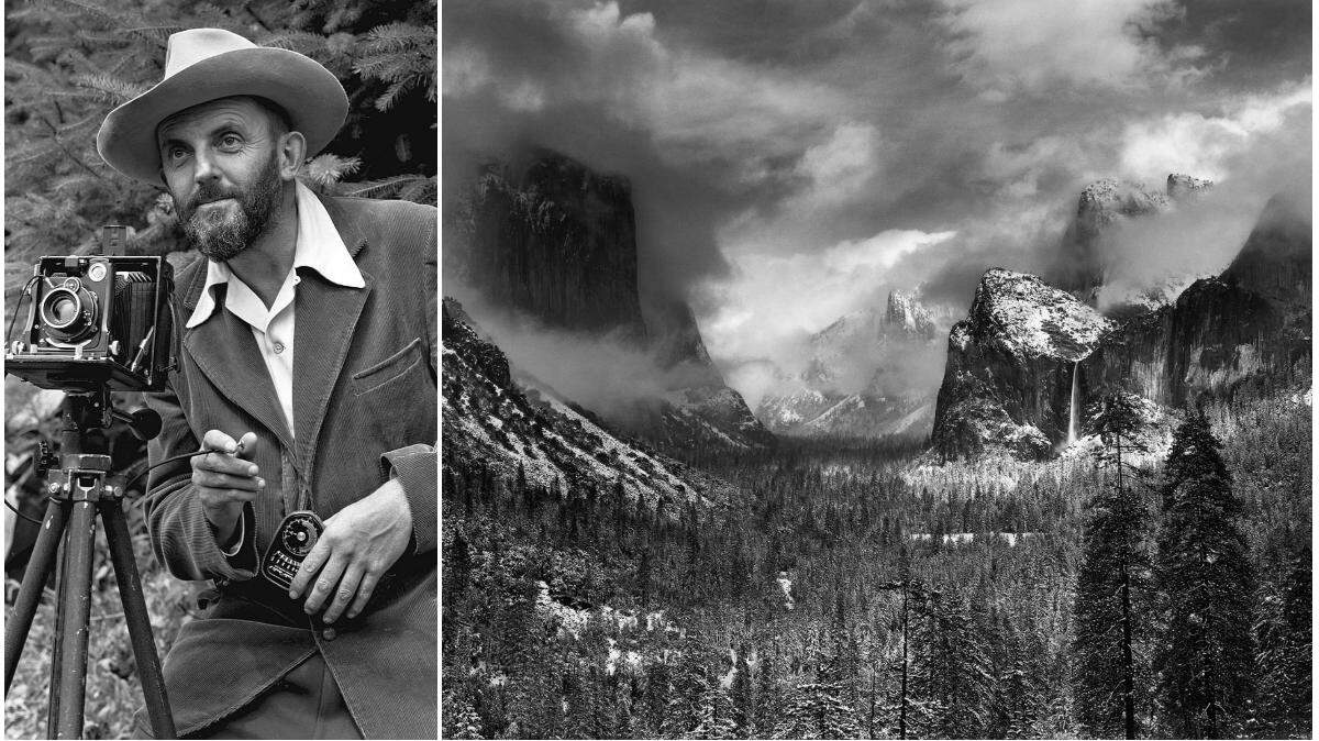 Photographer Ansel Adams and one of his iconic photographs, “Clearing Winter Storm, Yosemite National Park.”