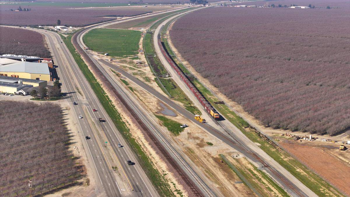 An aerial view of the California High-Speed Rail Authority’s Southern Railhead Facility.