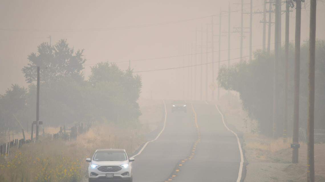 Bad air quality is visible as smoke from the Creek Fire and other wildfires cloaks the central San Joaquin Valley, here on Tollhouse Road east of Clovis, Monday Sept. 14, 2020.