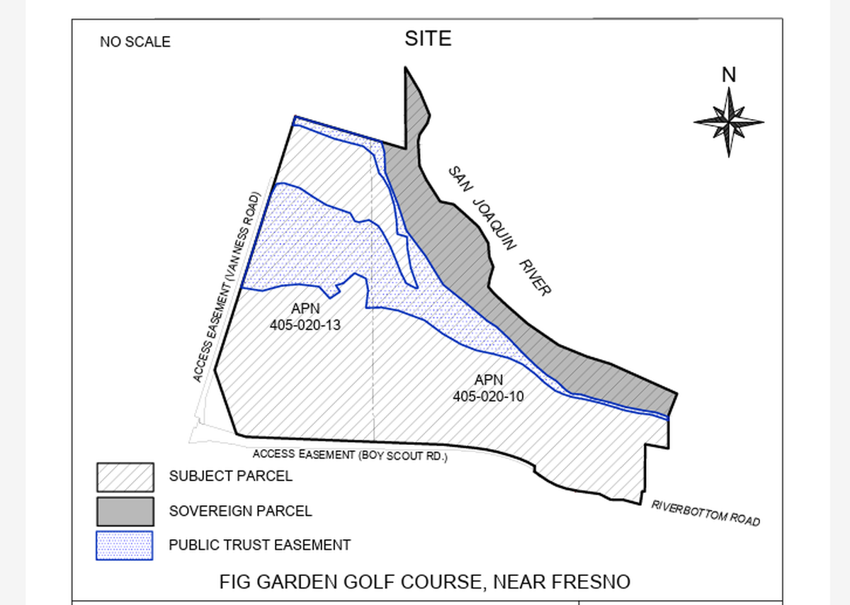 A screenshot from a State Lands Commission staff report shows the state agency determined part of the old Fig Garden Golf Course, located in Fresno on the San Joaquin River, was state sovereign land. Another part, the commission determined, was subject to public easement requirements.