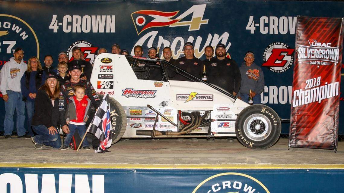 Kody Swanson celebrates his unprecedented fourth U.S. Auto Club Silver Crown season championship with his family and team Saturday night at Eldora Speedway in Ohio.