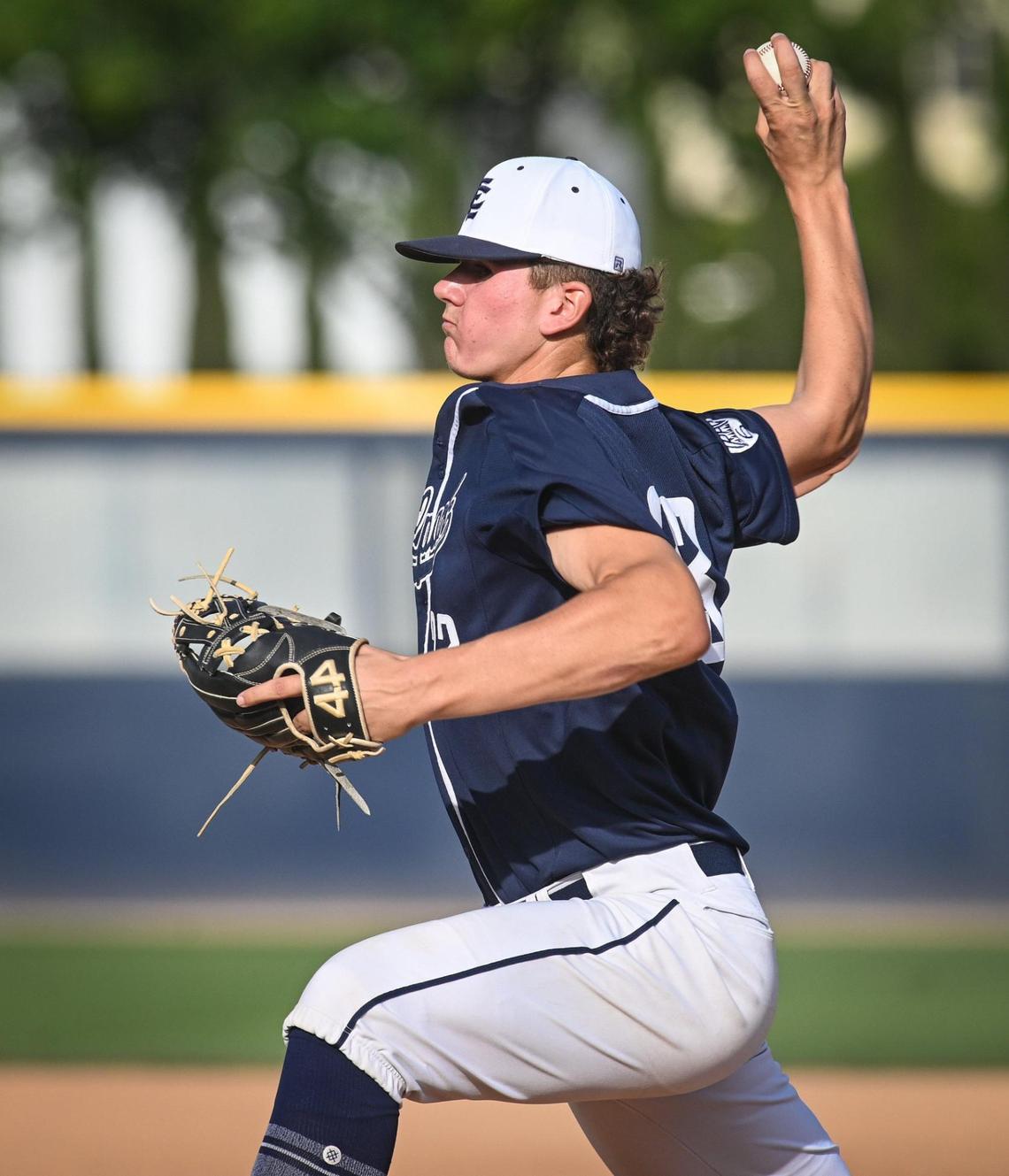 Clovis East’s Alex Righetti pitches in the early innings of their Central Section Division II baseball championship game against Central at Pete Beiden Field on Friday, May 27, 2022.