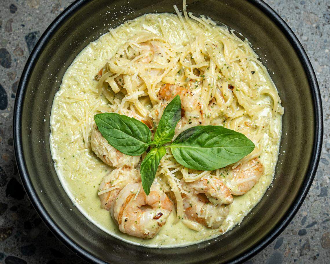 New to the menu at The Standard, the shrimp linguine has shrimp sauteed in a sun-dried tomato butter with Parmesan and pesto.