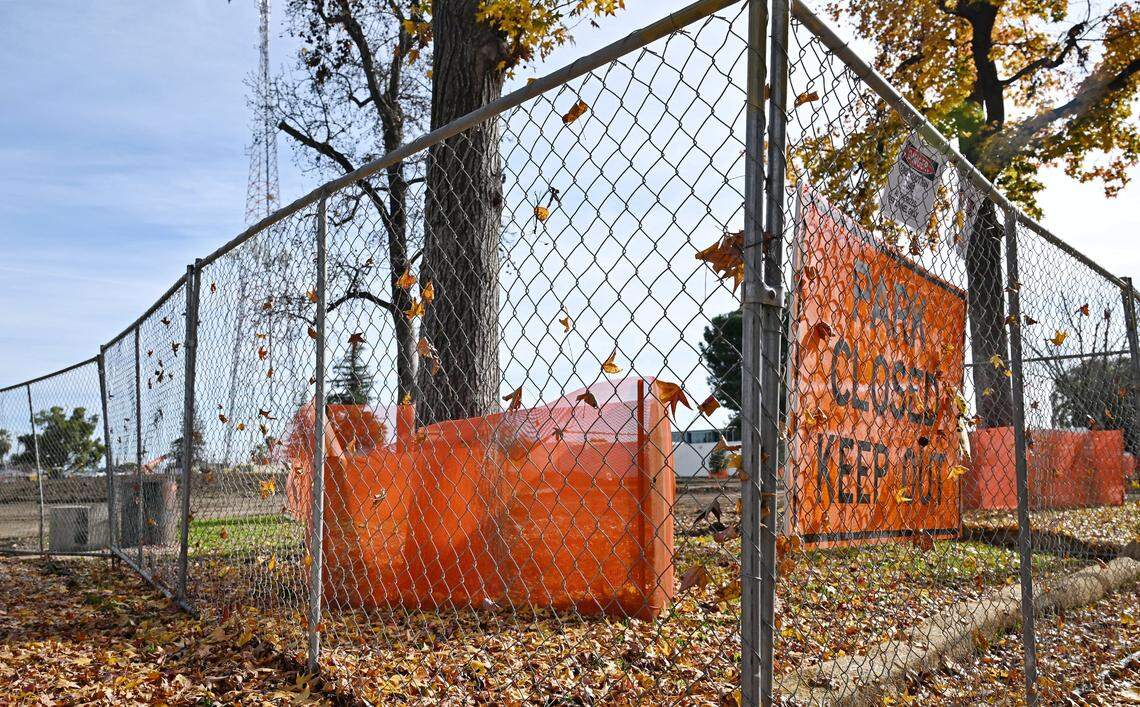 Radio Park is closed to the public as renovations continue through early 2027 on Monday, Dec. 22, 2025 in Fresno. When the park at First Street and Clinton Avenue reopens, the $10.6 million renovation project will showcase a splash pad for children, an amphitheater at the southwest corner and a reconfigured soccer field.