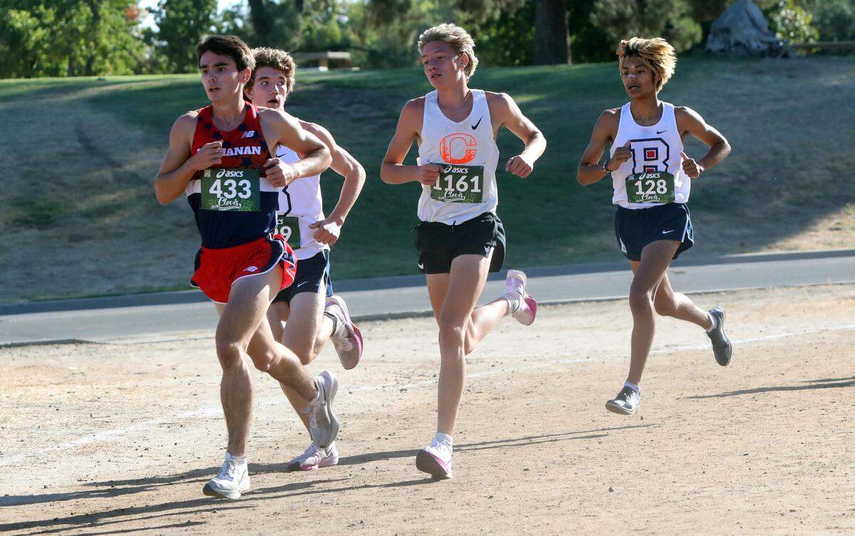 Buchanan High senior Luke Sanders placed 14th overall in 15:16.5 in the Rob Brenner race of the 2024 Asics Clovis Cross Country Invitational at Woodward Park on Oct. 12, 2024.