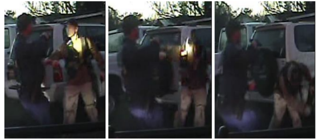 Still frames from a California Highway Patrol video depicting the altercation between David Couch, at right, and Officer Cates. The progression of action is from left to right. Image via the California Department of Justice