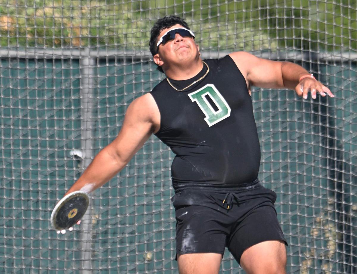 Dinuba’s Julian Ramirez releases in the Boys Discus at the 2023 CIF California Track & Field State Championship finals Saturday, May 27, 2023 in Clovis.