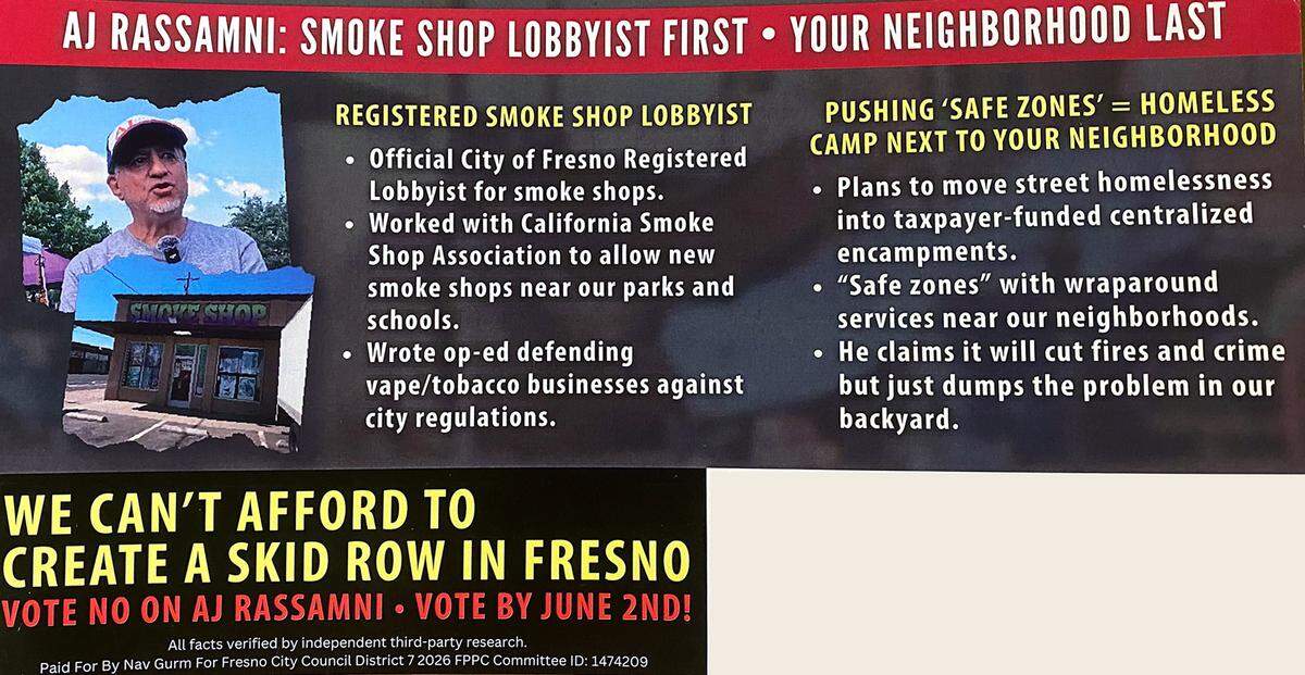 The back side of a mailer sent by Fresno City Council candidate Nav Gurm against AJ Rassamni.