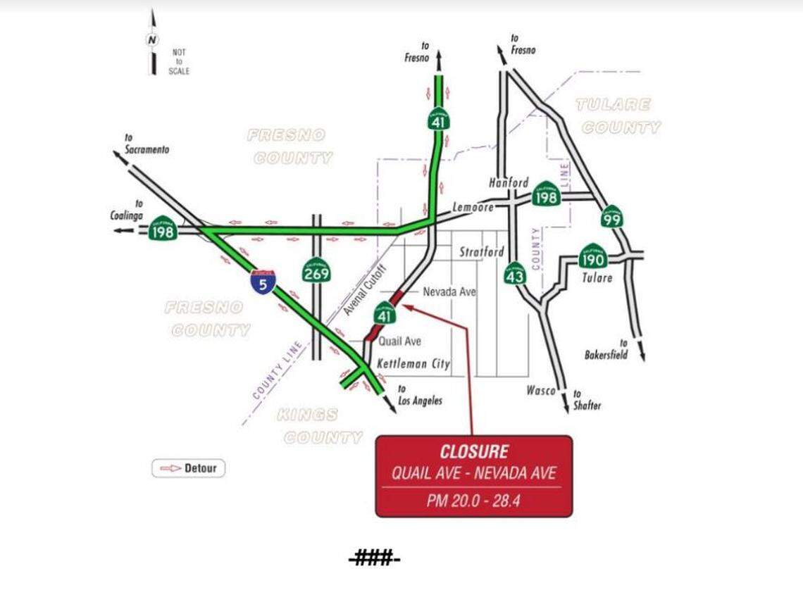 Caltrans said Friday, Feb. 16, that road work on Highway 41 in the area of Kettleman City will close traffic in both directions for about five months. That begins Feb. 26.