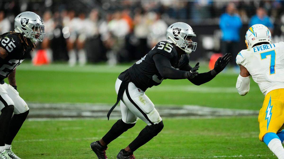 Las Vegas Raiders defensive end Chandler Jones rushes off the line against Los Angeles Chargers tight end Gerald Everett during the second half of an NFL game, Sunday, Dec. 4, 2022, in Las Vegas.