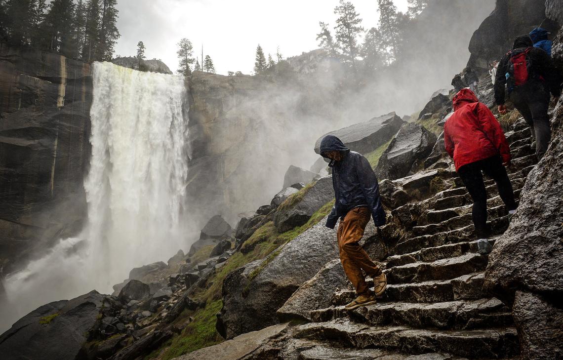 Hikers maker their way along the steps on the Mist Trail near Vernal Fall on Tuesday, April 30, 2019. The Sierra Nevada snowmelt is in high gear after a bigger than normal snow year.