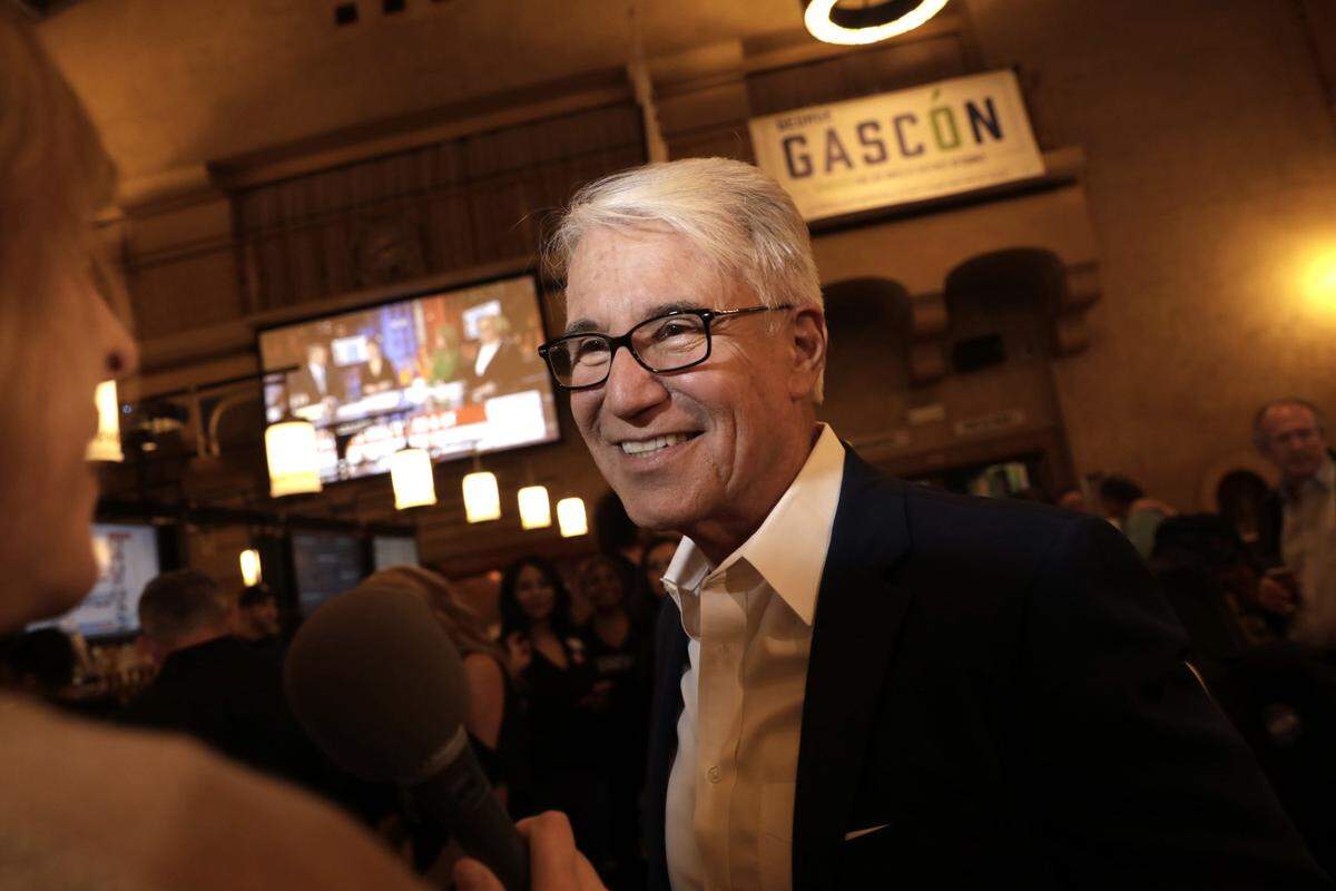 Los Angeles District Attorney George Gascon talks to media at Union Station on March 3, 2020. Gascon won his election and is now facing the beginnings of a recall campaign from some Angelenos.