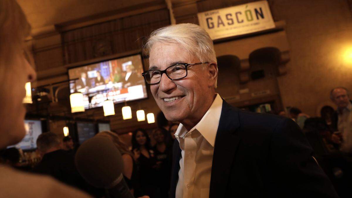 Los Angeles District Attorney George Gascon talks to media in 2020.